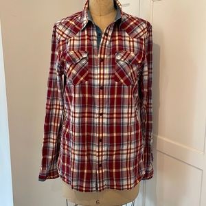 Buffalo David Bitton Men’s Red and Blue Plaid Button Front  Shirt w/ denim trim